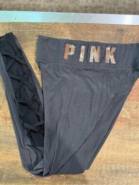 Victoria's Secret Pink Bling Super Soft Strappy Leggings Gray Gold Logo Small